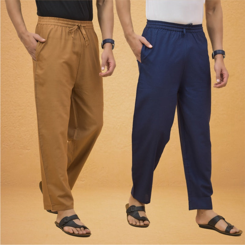 Combo of 2 Men Solid Cotton Flex Pant Navy Blue Brown-15504