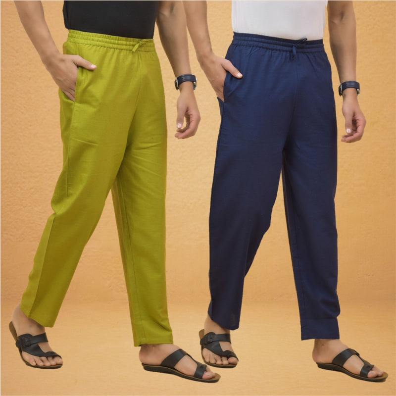 Combo of 2 Men Solid Cotton Flex Pant Navy Blue Olive Green-15500