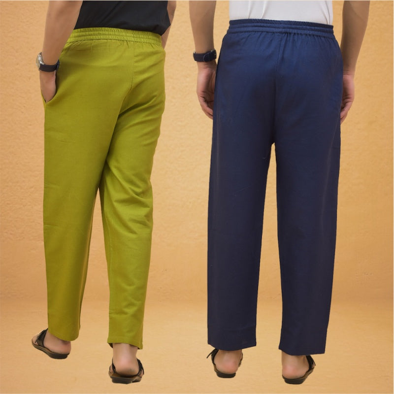 Combo of 2 Men Solid Cotton Flex Pant Navy Blue Olive Green-15500