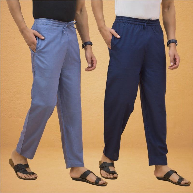 Combo of 2 Men Solid Cotton Flex Pant Navy Blue Sky Blue-15507