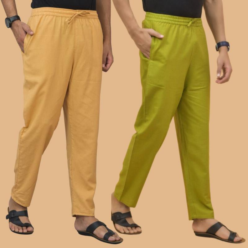 Combo of 2 Men Solid Cotton Flex Pant Olive Green Beige-15649