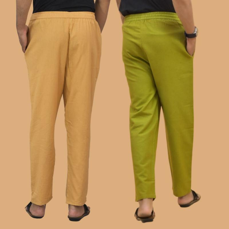 Combo of 2 Men Solid Cotton Flex Pant Olive Green Beige-15649