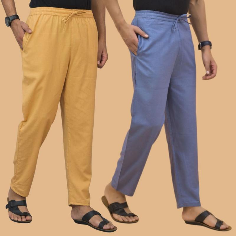 Combo of 2 Men Solid Cotton Flex Pant Sky Blue Beige-15650