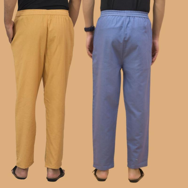 Combo of 2 Men Solid Cotton Flex Pant Sky Blue Beige-15650