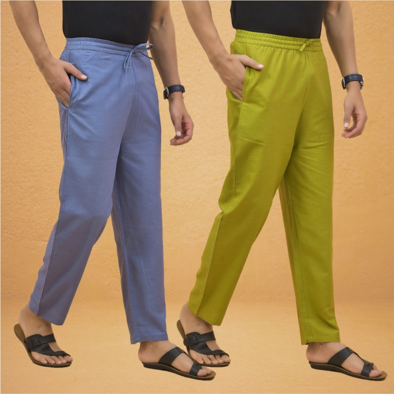 Combo of 2 Men Solid Cotton Flex Pant Sky Blue Olive Green-15499