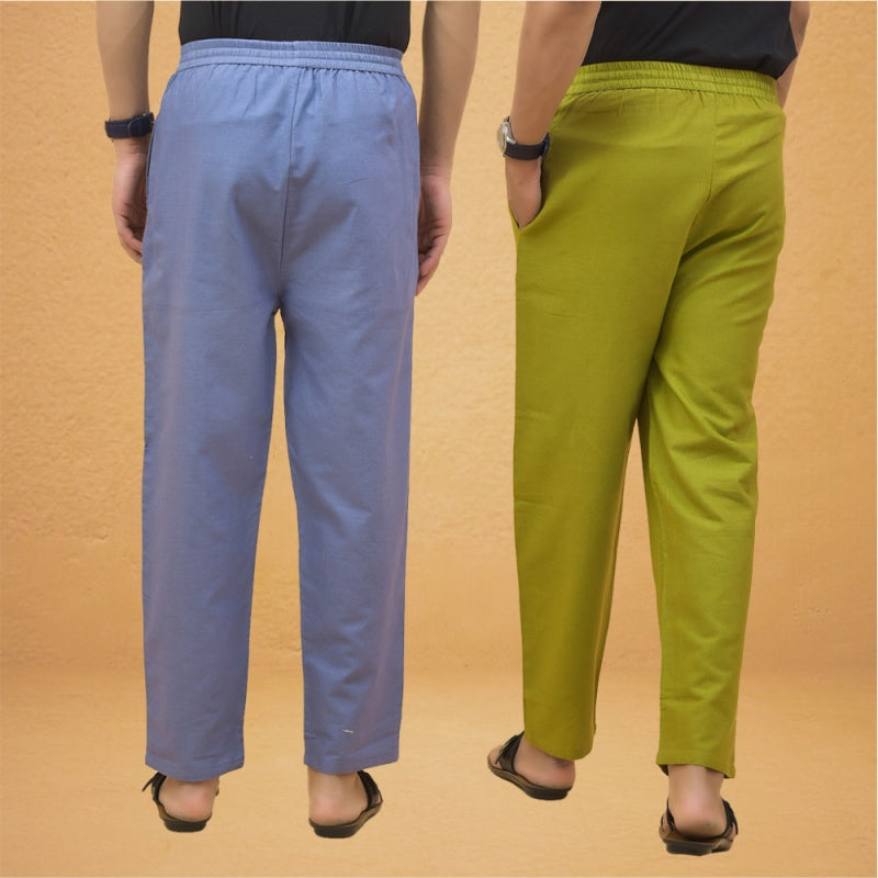 Combo of 2 Men Solid Cotton Flex Pant Sky Blue Olive Green-15499