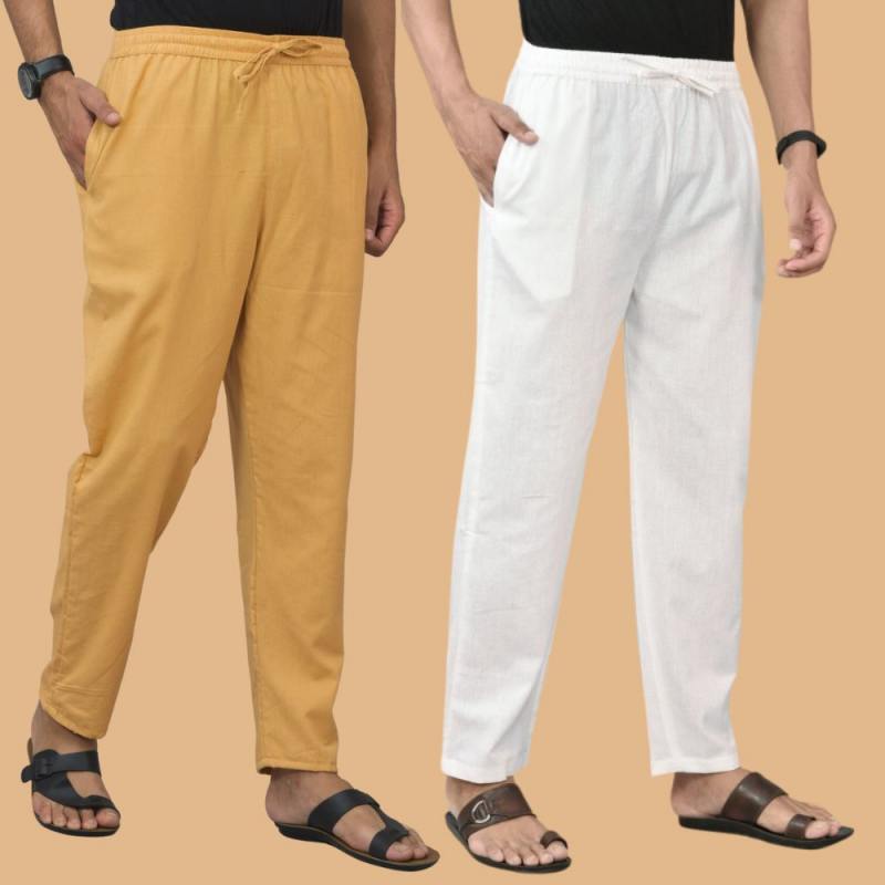 Combo of 2 Men Solid Cotton Flex Pant White Beige-15647