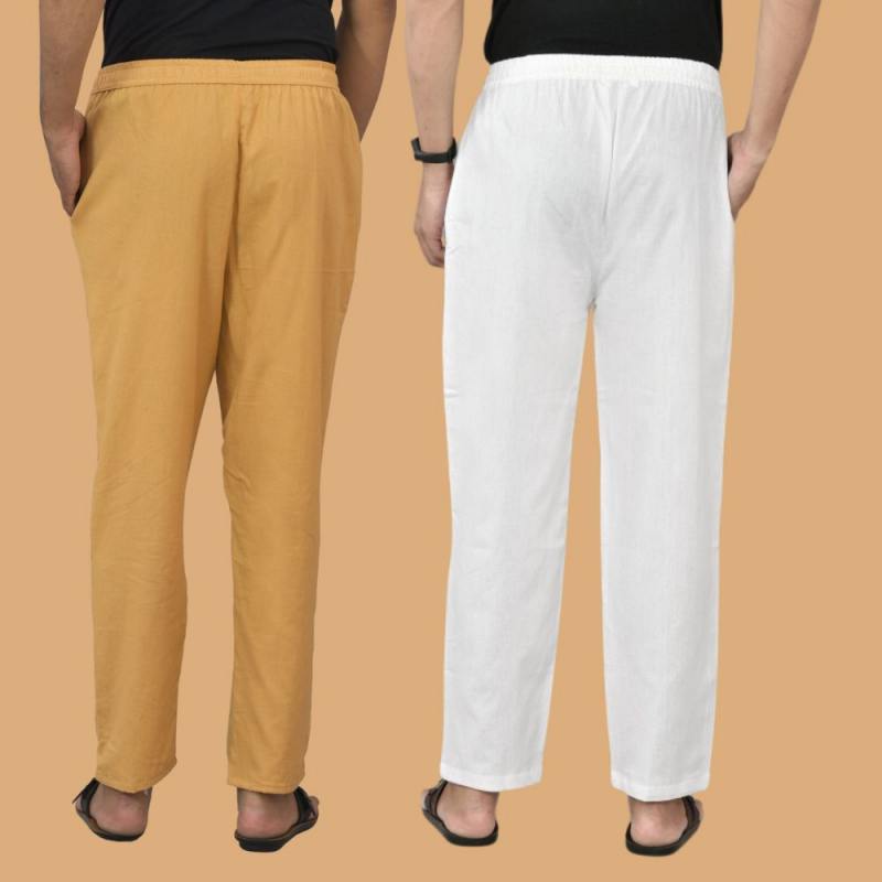 Combo of 2 Men Solid Cotton Flex Pant White Beige-15647