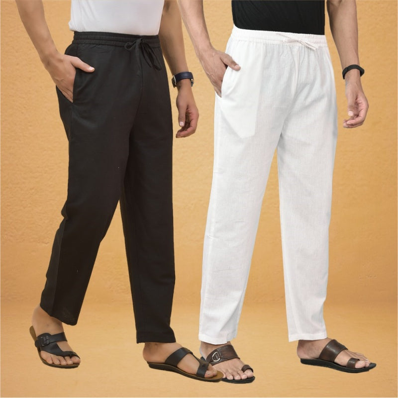 Combo of 2 Men Solid Cotton Flex Pant White Black-15532