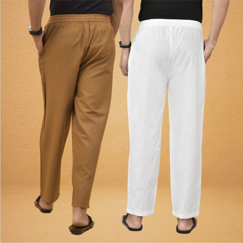 Combo of 2 Men Solid Cotton Flex Pant White Brown-15520
