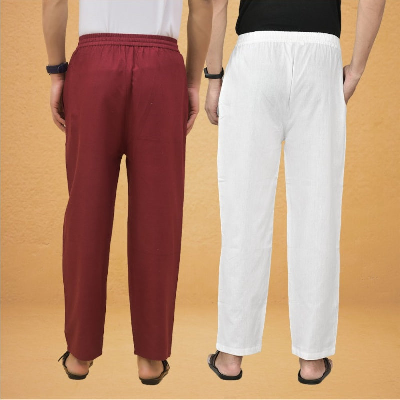 Combo of 2 Men Solid Cotton Flex Pant White Maroon-15529