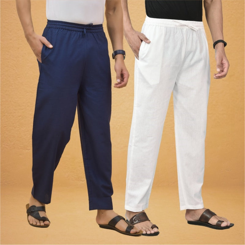 Combo of 2 Men Solid Cotton Flex Pant White Navy Blue-15526