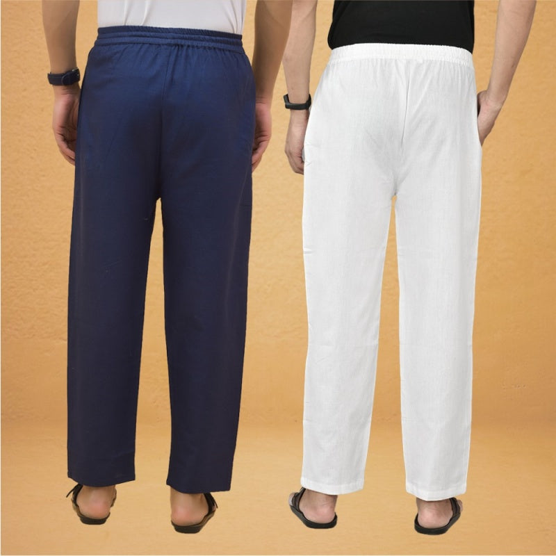 Combo of 2 Men Solid Cotton Flex Pant White Navy Blue-15526