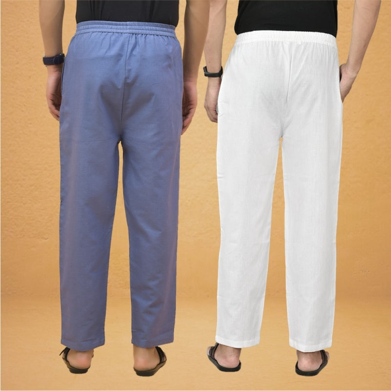 Combo of 2 Men Solid Cotton Flex Pant White Sky Blue-15523