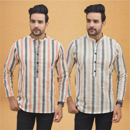 Combo of 2 Men Stripe Cotton Handloom Kurta Beige Peach-25025