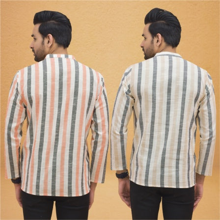 Combo of 2 Men Stripe Cotton Handloom Kurta Beige Peach-25025