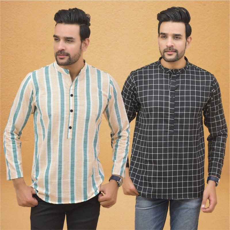 Combo of 2 Men Stripe Cotton Handloom Kurta Black Green-25064