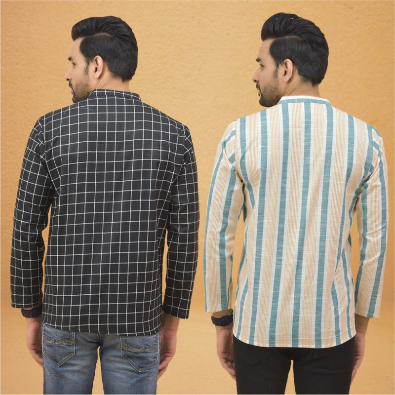 Combo of 2 Men Stripe Cotton Handloom Kurta Black Green-25064