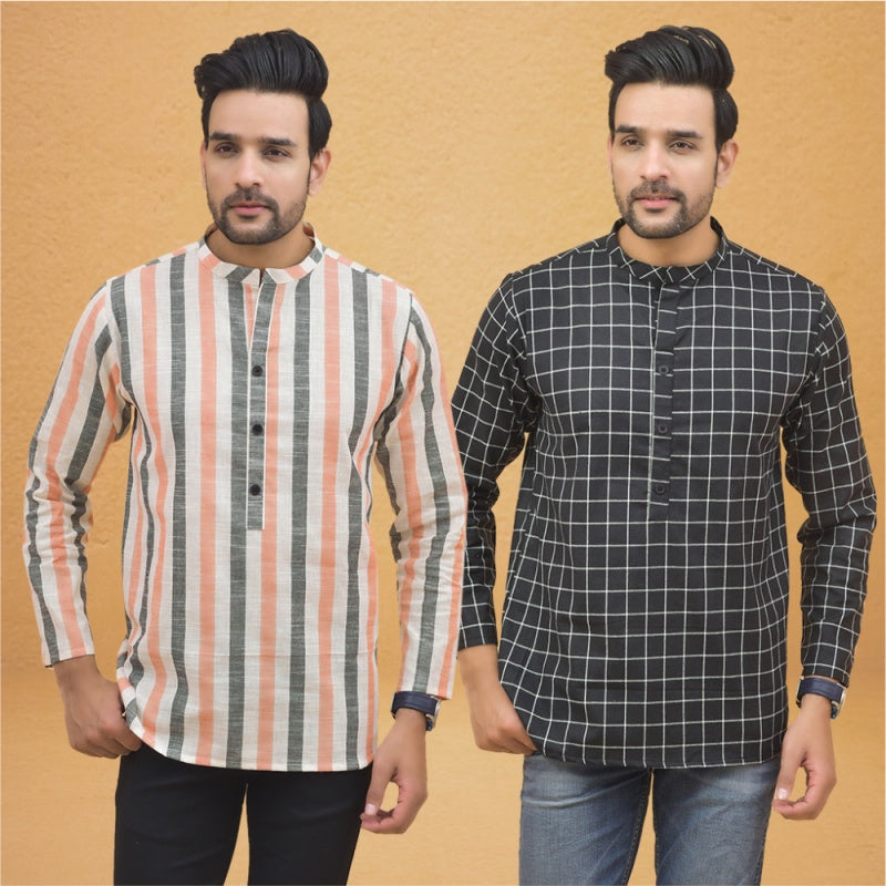 Combo of 2 Men Cotton Stripe Short Kurta-25739