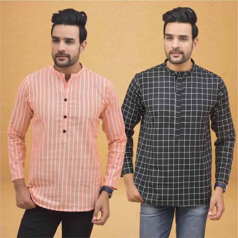 Combo of 2 Men Stripe Cotton Handloom Kurta Black Peach-25037