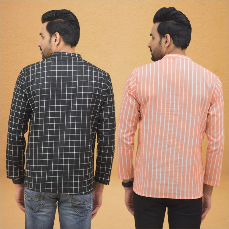 Combo of 2 Men Stripe Cotton Handloom Kurta Black Peach-25037