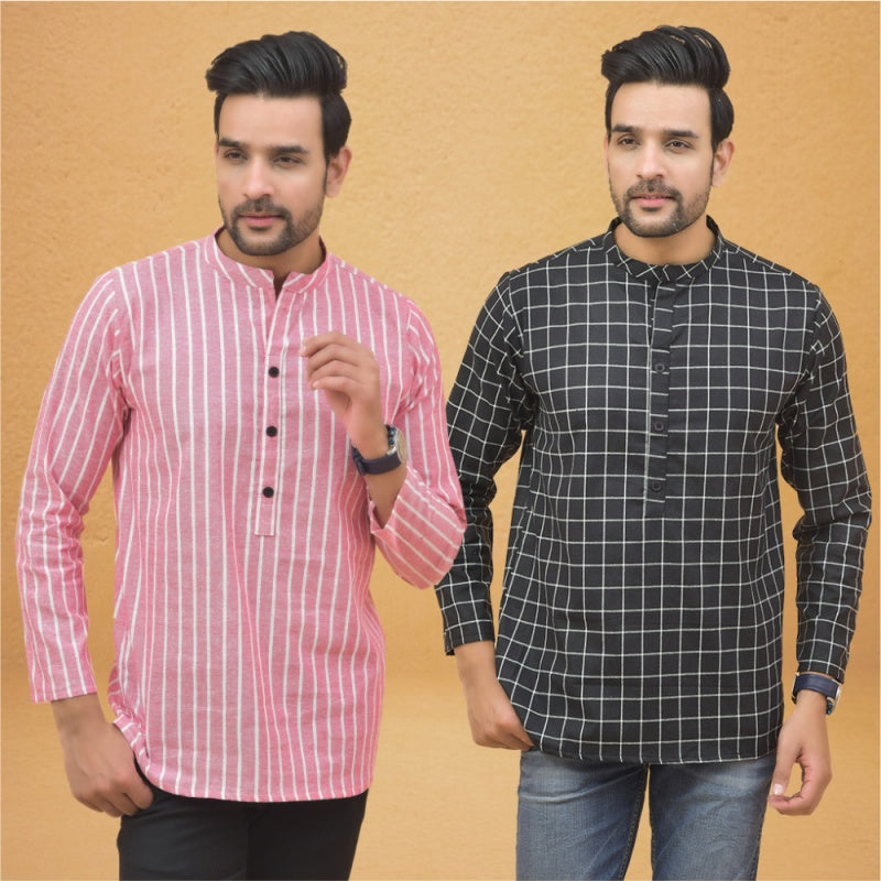 Combo of 2 Men Stripe Cotton Handloom Kurta Black Pink-25062