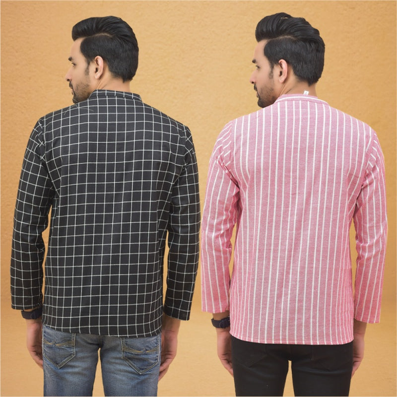 Combo of 2 Men Stripe Cotton Handloom Kurta Black Pink-25062