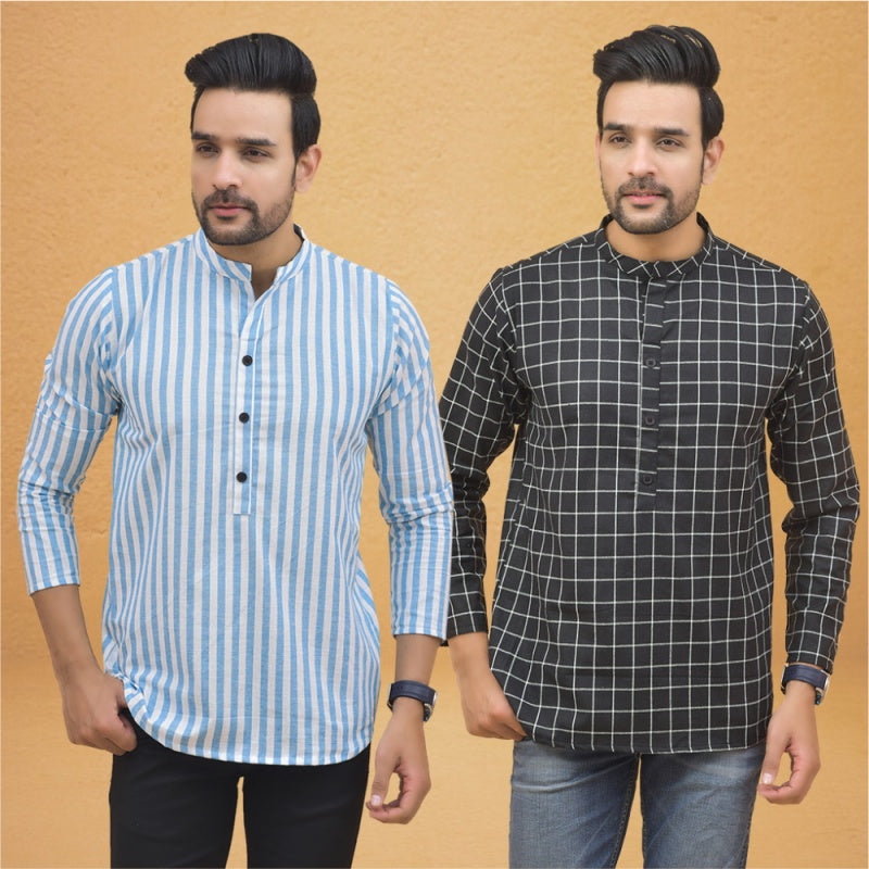 Combo of 2 Men Stripe Cotton Handloom Kurta Black Sky Blue-25020