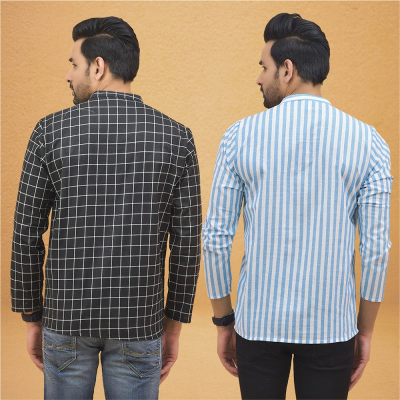 Combo of 2 Men Stripe Cotton Handloom Kurta Black Sky Blue-25020