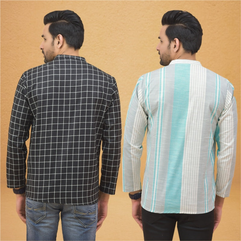 Combo of 2 Men Stripe Cotton Handloom Kurta Black White-25059