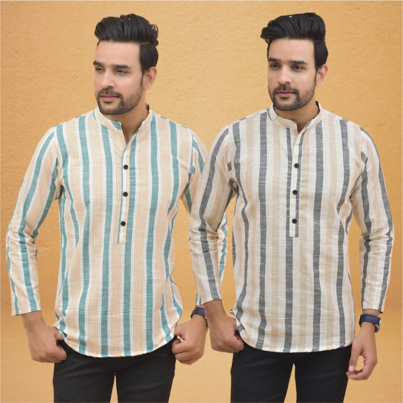 Combo of 2 Men Stripe Cotton Handloom Kurta Green Beige-25054