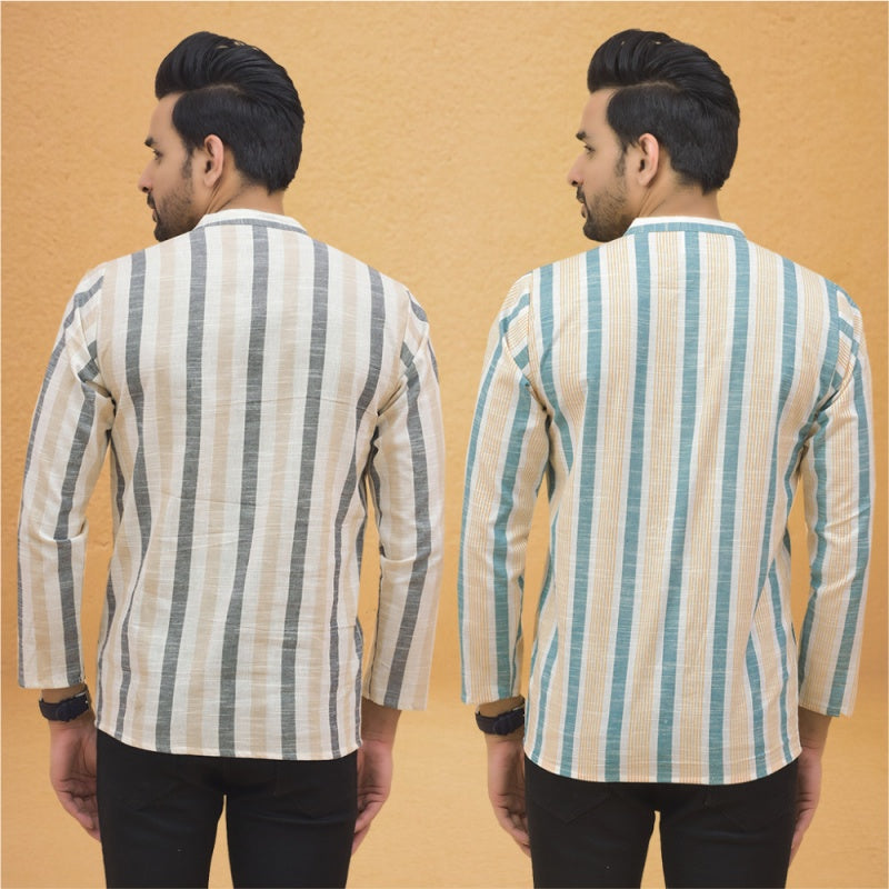 Combo of 2 Men Stripe Cotton Handloom Kurta Green Beige-25054