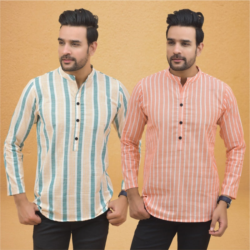 Combo of 2 Men Stripe Cotton Handloom Kurta Green Peach-25036