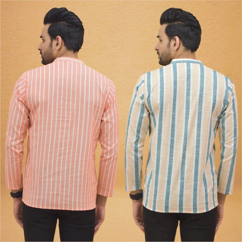 Combo of 2 Men Stripe Cotton Handloom Kurta Green Peach-25036