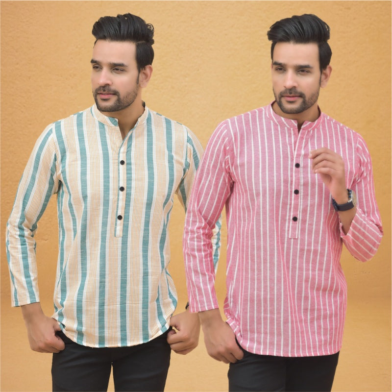 Combo of 2 Men Stripe Cotton Handloom Kurta Green Pink-25061