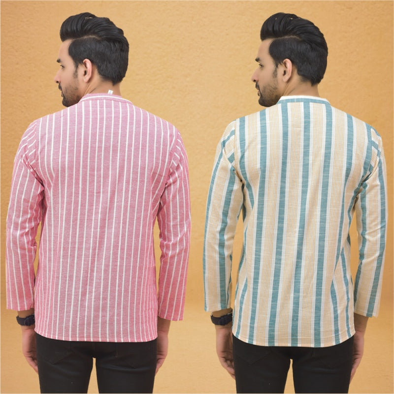 Combo of 2 Men Stripe Cotton Handloom Kurta Green Pink-25061