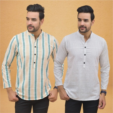 Combo of 2 Men Stripe Cotton Handloom Kurta Green White-25049