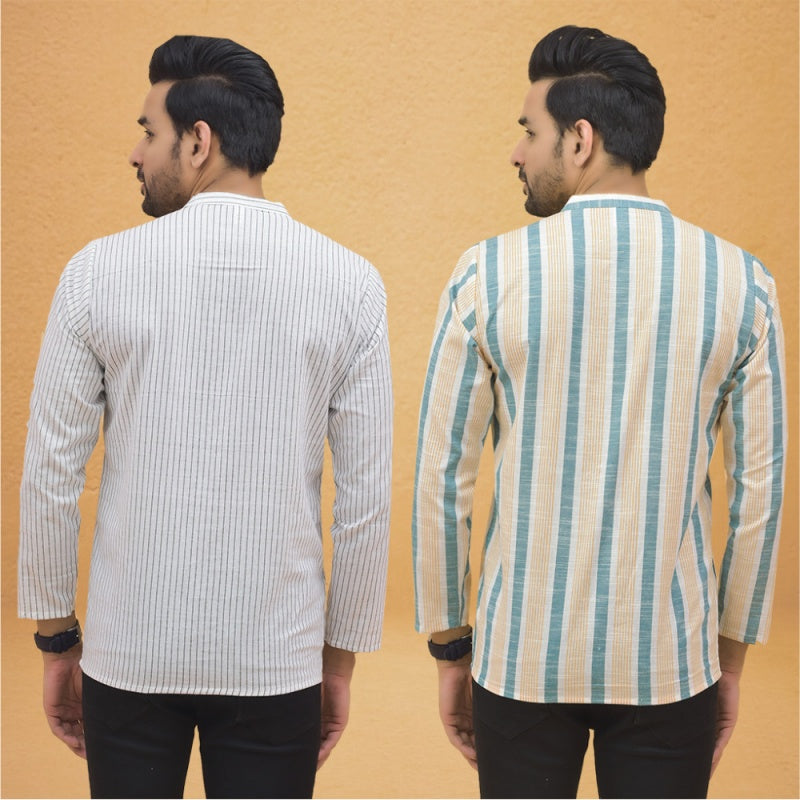 Combo of 2 Men Stripe Cotton Handloom Kurta Green White-25049