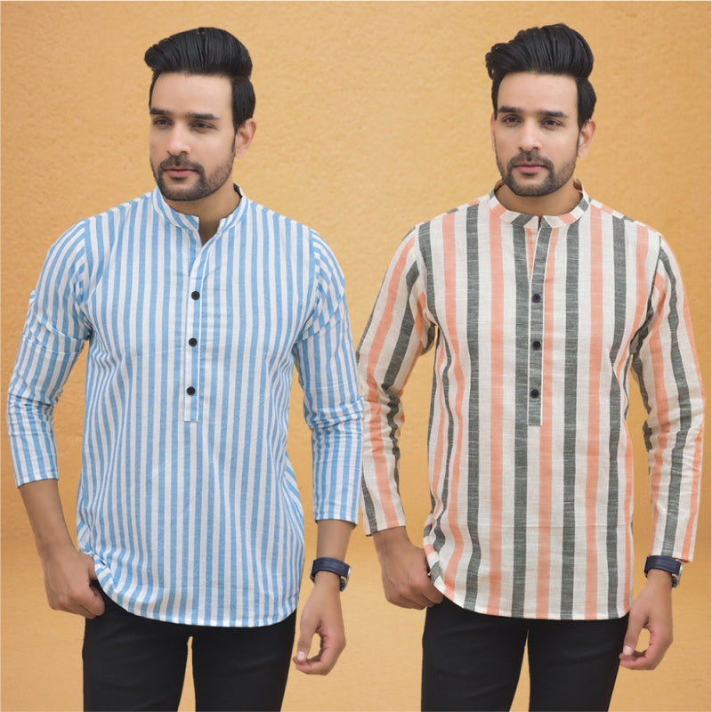 Combo of 2 Men Stripe Cotton Handloom Kurta Peach Sky Blue-25012
