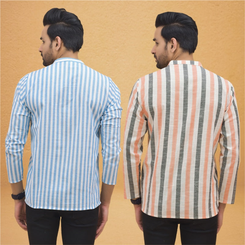 Combo of 2 Men Stripe Cotton Handloom Kurta Peach Sky Blue-25012