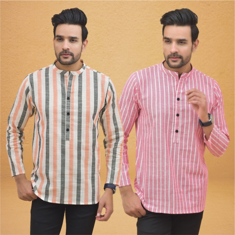 Combo of 2 Men Stripe Cotton Handloom Kurta Pink Peach-25027