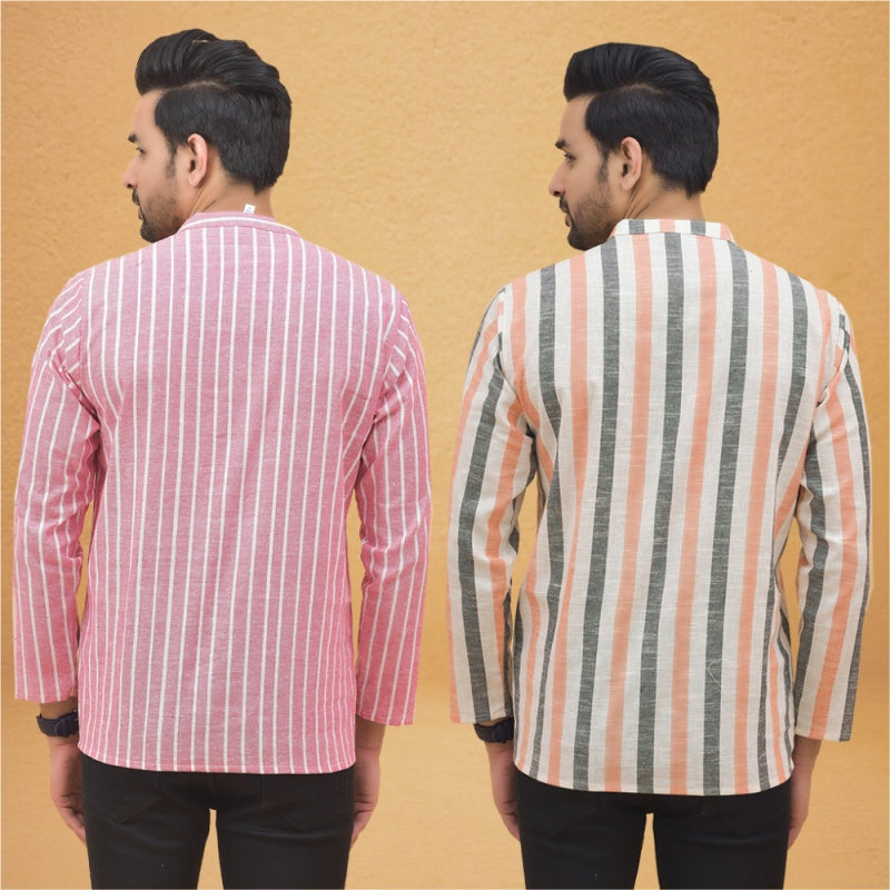 Combo of 2 Men Stripe Cotton Handloom Kurta Pink Peach-25027