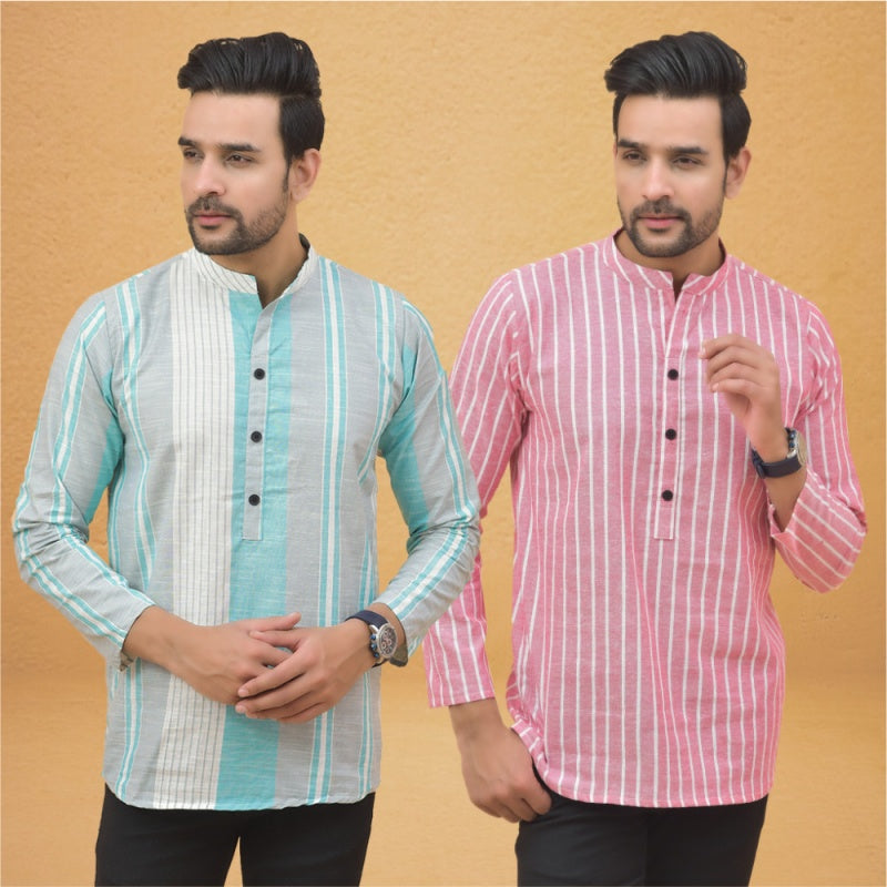 Combo of 2 Men Stripe Cotton Handloom Kurta Pink White-25057