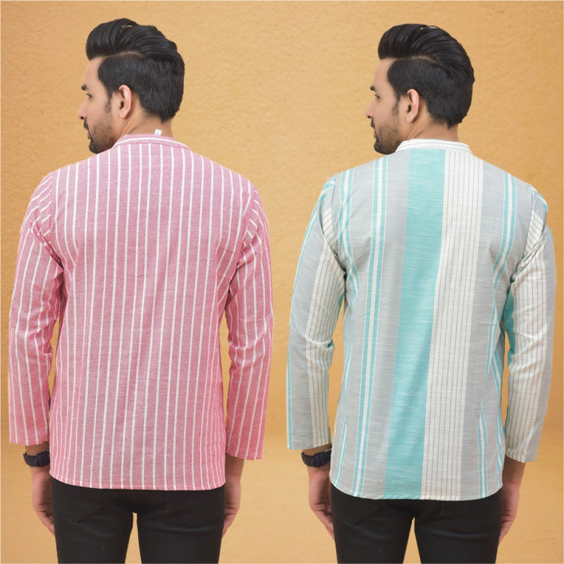 Combo of 2 Men Stripe Cotton Handloom Kurta Pink White-25057