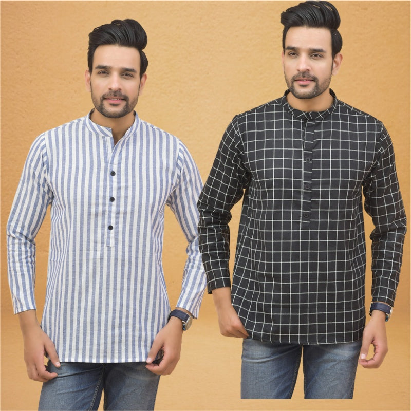 Combo of 2 Men Stripe Cotton Handloom Kurta White Black-25066