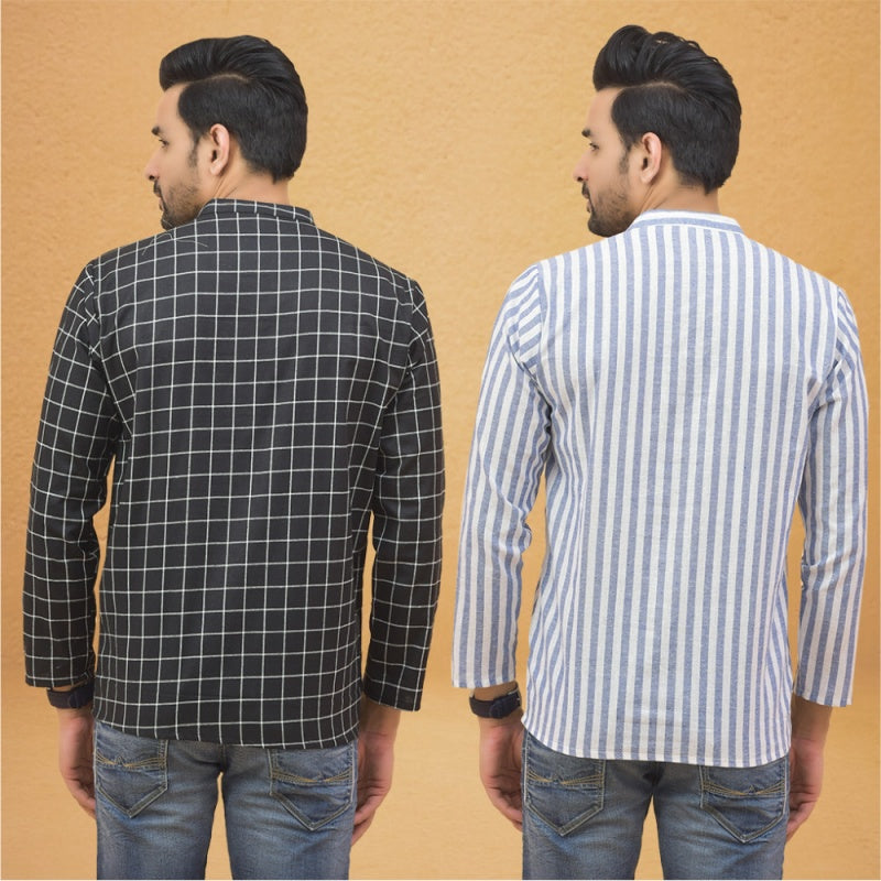 Combo of 2 Men Stripe Cotton Handloom Kurta White Black-25066