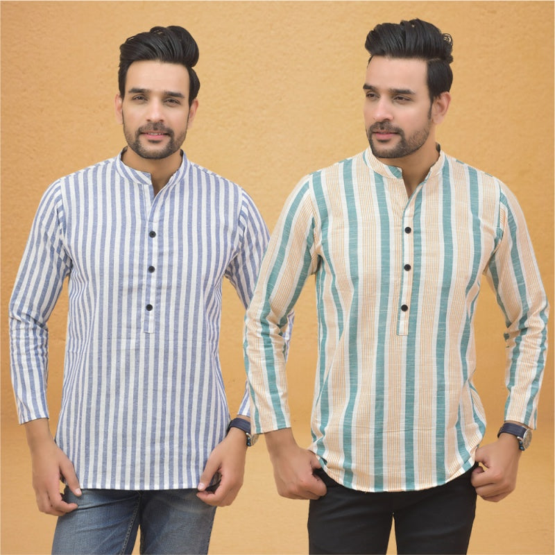 Combo of 2 Men Stripe Cotton Handloom Kurta White Green-25065