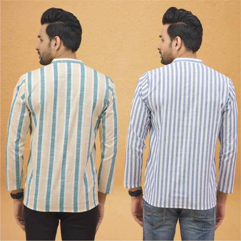 Combo of 2 Men Stripe Cotton Handloom Kurta White Green-25065