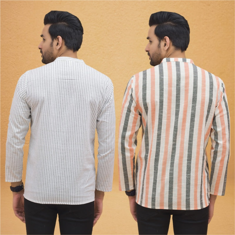 Combo of 2 Men Stripe Cotton Handloom Kurta White Peach-25024