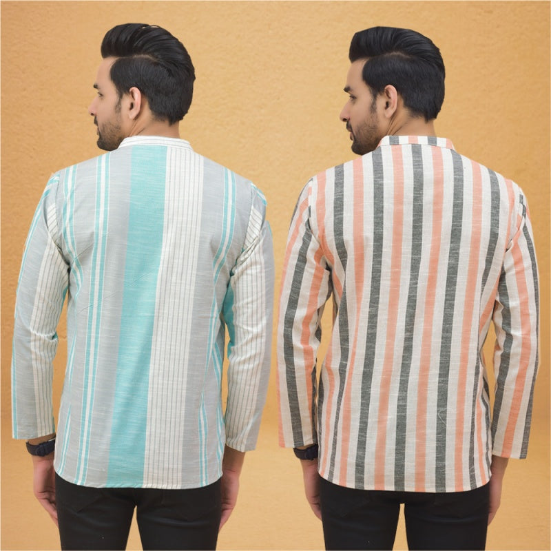 Combo of 2 Men Stripe Cotton Handloom Kurta White Peach-25026